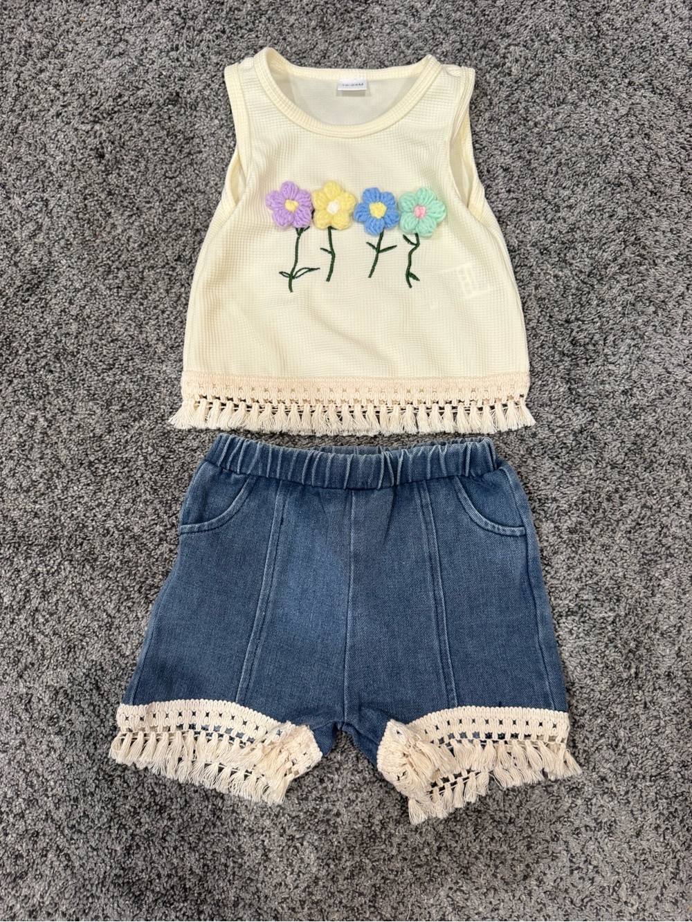 Girls Cream Flower Crochet Trim Tank & Denim Shorts Set